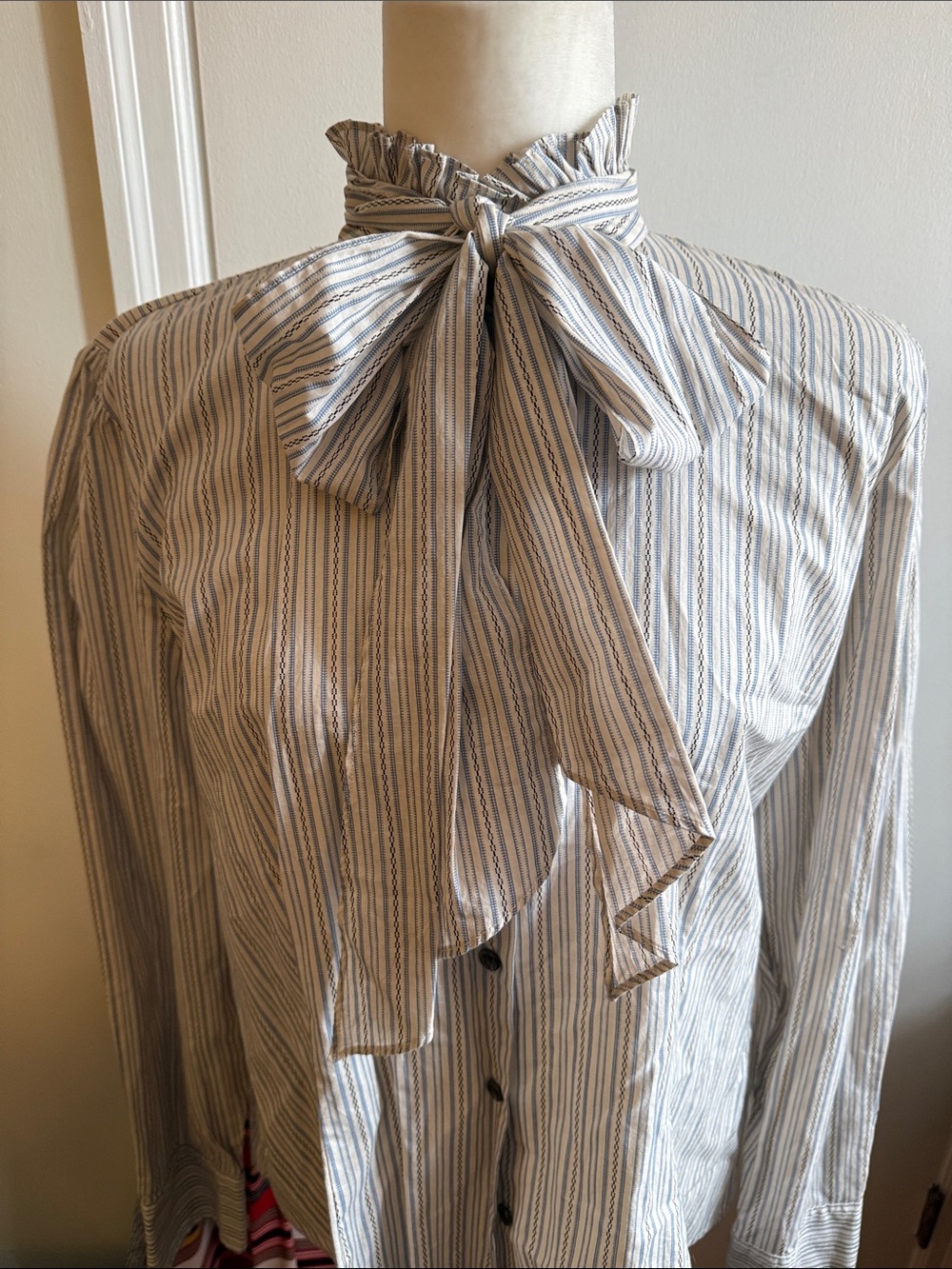 Ralph Lauren Striped Bow Tie Blouse in Cream and Blue Sz. XL